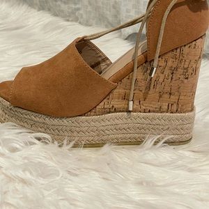 MIGATO HIGH HEEL SUEDE WEDGE CORK ESPADRILLE SANDAL. NIB SZ 37 COGNAC Platform